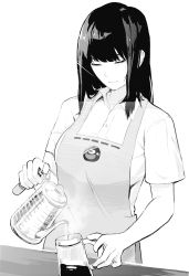 Rule 34 | 1girl, apron, barista, black eyes, black hair, blouse, blunt bangs, breasts, commentary, english commentary, greyscale, highres, holding, light rays, logo, long hair, looking down, lynus, monochrome, naoko-san, original, pouring, shirt, simple background, smile, solo, table, white background, white shirt