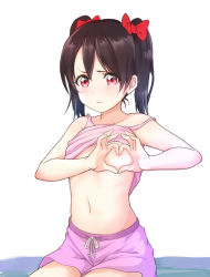 Rule 34 | 1girl, black hair, bow, clothes lift, drawstring, flat chest, hair bow, heart, heart-shaped boob challenge, heart hands, kanabun, looking at viewer, love live!, love live! school idol project, navel, pink shirt, pink shorts, red bow, red eyes, shirt, shirt lift, shorts, sitting, solo, tank top, twintails, white background, yazawa nico