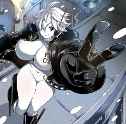 Rule 34 | 1girl, black jacket, bodysuit, bouncing breasts, breasts, cropped jacket, greyscale with colored background, hair over one eye, helmet, highres, holding, holding helmet, jacket, large breasts, leather, leather jacket, looking at viewer, looking up, one piece, rubipachiku, skin tight, sleeveless turtleneck crop top, smile, v, vegapunk lilith, white bodysuit, wide hips