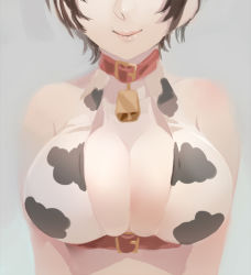 Rule 34 | 10s, 1girl, animal print, bare shoulders, bell, neck bell, breast focus, breasts, brown hair, cleavage, collar, cow print, cowbell, head out of frame, idolmaster, idolmaster cinderella girls, large breasts, oikawa shizuku, short hair, solo, yuura
