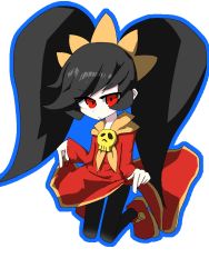 Rule 34 | 1girl, ashley (warioware), big hair, black hair, black pantyhose, blue outline, child, clothes lift, dress, dress lift, female focus, flat chest, full body, hairband, hands up, jaggy lines, kan (kam48360493), lifting own clothes, long hair, long sleeves, looking at viewer, neckerchief, nintendo, orange hairband, orange neckerchief, outline, pantyhose, red dress, red eyes, red footwear, shoes, simple background, skull, solo, twintails, warioware, white background