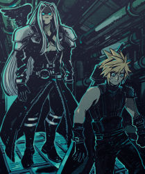 Rule 34 | 2boys, :3, armor, blonde hair, blue eyes, buster sword, cinnerone, cloud strife, feathered wings, final fantasy, final fantasy vii, final fantasy vii remake, floating, gloves, long hair, looking at another, multiple boys, sephiroth, shoulder armor, silver hair, single wing, slit pupils, spiked hair, sweatdrop, sword, very long hair, weapon, weapon on back, wings