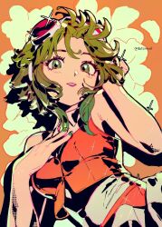 Rule 34 | 1girl, datcravat, floral background, goggles, goggles on head, green eyes, green hair, green nails, gumi, hands on own chest, highres, looking at viewer, orange background, orange skirt, parted lips, pink lips, shirt, short hair, skirt, smile, solo, sparkle, twitter username, vocaloid