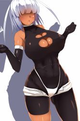 Rule 34 | 1girl, :o, bare shoulders, black gloves, blunt bangs, blush, bodysuit, breasts, cleavage, cleavage cutout, clenched hands, clothing cutout, commentary request, covered navel, dark-skinned female, dark skin, elbow gloves, facial mark, forearms at chest, gloves, hair over eyes, halterneck, highleg, highleg panties, highres, hip focus, huge breasts, lowleg, lowleg shorts, open fly, open mouth, original, panties, shadow, short hair, short shorts, shorts, simple background, solo, souma (ordures), star (symbol), star facial mark, surprised arms, tsuwabuki, tsuwabuki (souma (ordures)), turtleneck, two side up, underwear, unitard, unzipped, white background, white hair