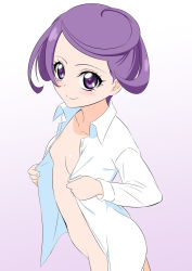 Rule 34 | 1girl, blush, breasts, closed mouth, collarbone, collared shirt, cowboy shot, dokidoki! precure, dress shirt, eyelashes, from side, fuchi (nightmare), highres, kenzaki makoto, naked shirt, open clothes, open shirt, precure, purple eyes, purple hair, shiny skin, shirt, short hair, small breasts, smile, solo, standing, swept bangs, white background, white shirt, wing collar