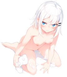 Rule 34 | 1girl, barefoot, blue eyes, blush, breasts, closed mouth, collarbone, completely nude, foam, from above, full body, hair ornament, hairclip, looking at viewer, medium breasts, nipples, nude, original, otokuyou, ringo-chan (otokuyou), short hair, simple background, sitting, solo, wet, white background, white hair