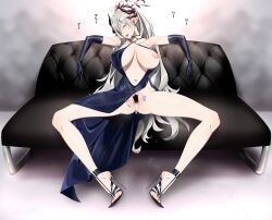 Rule 34 | 1girl, black footwear, black gloves, black nails, blue archive, blush, breasts, censored, coach, cum, cum in pussy, cumdrip, elbow gloves, gloves, grey hair, hair over one eye, halo, high heels, highres, horns, large breasts, long hair, looking at viewer, makoto (blue archive), makoto (dress) (blue archive), nail polish, navel, nipples, open mouth, paid reward available, pointy ears, pussy, shoujo donburi, sitting, solo, spread legs, spread pussy, toenail polish, toenails, tongue, tongue out, variant set