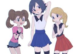 Rule 34 | 1boy, 2girls, :o, alternate costume, armpits, black eyes, black hair, black shirt, black thighhighs, blonde hair, blue skirt, blush, brown hair, calem (pokemon), closed mouth, collared shirt, commentary request, creatures (company), crossdressing, eyelashes, game freak, green eyes, grey shorts, hand on own chin, hand up, highres, multiple girls, nintendo, pink shirt, pleated skirt, pokemon, pokemon xy, ponytail, red skirt, sana (37pisana), serena (pokemon), shauna (pokemon), shirt, short hair, short sleeves, shorts, skirt, sleeveless, sleeveless shirt, stroking own chin, sweatdrop, thighhighs, twintails, white shirt