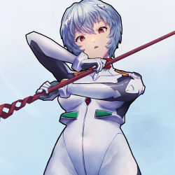 Rule 34 | 1girl, ayanami rei, blue hair, bmo art, bodysuit, breasts, commentary, from below, hair between eyes, holding, holding weapon, interface headset, lance, lance of longinus (evangelion), looking at viewer, looking down, medium breasts, neon genesis evangelion, parted lips, pilot suit, plugsuit, polearm, red eyes, short hair, solo, standing, two-handed, weapon, white bodysuit
