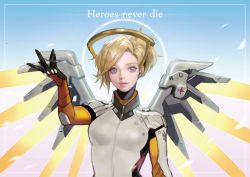 Rule 34 | 1girl, absurdres, armor, black gloves, blonde hair, blue eyes, bodysuit, breastplate, breasts, closed mouth, english text, eyelashes, gloves, halo, hand up, headgear, highres, long sleeves, looking at viewer, mechanical halo, mechanical wings, medium breasts, mercy (overwatch), nose, overwatch, overwatch 1, short hair, skin tight, smile, solo, spread wings, turtleneck, wing print, wings, wonst92, yellow wings
