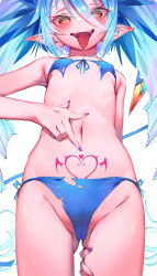 Rule 34 | 1girl, bikini, blue bikini, blue hair, blue nails, blush, bombergirl, brown eyes, cameltoe, eyes visible through hair, female focus, flat chest, hair between eyes, hand on own thigh, hesoten, highres, lewisia aquablue, looking at viewer, nail polish, navel, open mouth, pointy ears, pubic tattoo, slit pupils, solo, swimsuit, tattoo, tongue, tongue out, torn bikini, torn clothes