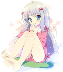 Rule 34 | 10s, 1girl, bad id, bad pixiv id, barefoot, blue eyes, blush, bow, embarrassed, eromanga sensei, feet, floral background, frills, full body, grey hair, hair bow, izumi sagiri, knees up, legs, legs together, long hair, long sleeves, looking at viewer, mikeou, open mouth, pajamas, pink bow, sitting, sitting on pillow, soles, solo, thighs, toes