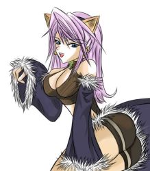 Rule 34 | animal ears, artist request, ass, blue eyes, breasts, cape, cat ears, character request, cleavage, purple hair, smile, tagme