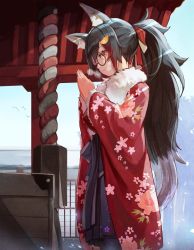 Rule 34 | 1girl, animal ear fluff, animal ears, black hair, floral print, fur trim, glasses, grey hair, hair between eyes, hair ornament, hairclip, highres, hololive, jacket, long hair, looking at viewer, multicolored hair, ookami mio, ookami mio (new year), outdoors, own hands clasped, own hands together, pleated skirt, ponytail, red hair, shrine bell, shrine tank (touhou), sidelocks, skirt, smile, solo, streaked hair, sue (bg-bros), tail, tail around own leg, tail wrap, touhou, very long hair, virtual youtuber, wolf ears, wolf girl, wolf tail, yellow eyes