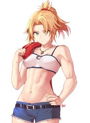 Rule 34 | 1girl, abs, bandeau, bare shoulders, belt, biceps, blonde hair, braid, breasts, collarbone, cutoffs, denim, denim shorts, fate/apocrypha, fate (series), french braid, frenchvanillu, green eyes, hair ornament, hair scrunchie, highres, jacket, jacket over shoulder, unworn jacket, jewelry, long hair, looking at viewer, medium breasts, mordred (fate), mordred (fate/apocrypha), mordred (memories at trifas) (fate), muscular, muscular female, navel, necklace, parted bangs, ponytail, red jacket, scrunchie, shorts, sidelocks, simple background, solo, thighs, toned