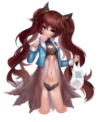 Rule 34 | 1girl, armor, bag, bikini armor, blue eyes, blue jacket, braid, breasts, brown hair, candy, center opening, collarbone, cowboy shot, cropped jacket, denim, denim jacket, eating, ehart, food, fur-trimmed jacket, fur-trimmed sleeves, fur trim, gem, grocery bag, hands up, highres, holding, jacket, legs apart, lollipop, long hair, long sleeves, long twintails, midriff, navel, original, pink lips, plastic bag, shopping bag, simple background, small breasts, solo, stomach, swirl lollipop, turtleneck, twin braids, very long hair, white background