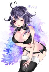 Rule 34 | 1girl, ahoge, black bow, black bowtie, black one-piece swimsuit, black panties, black thighhighs, blush, bow, bowtie, breasts, floral background, garter straps, hair between eyes, hair ornament, kantai collection, large breasts, long hair, looking at viewer, one-hour drawing challenge, one-piece swimsuit, one eye closed, open mouth, panties, purple hair, red eyes, solo, swimsuit, taigei (kancolle), thighhighs, twitter username, underwear, viwop