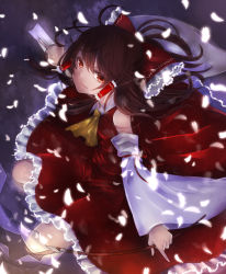 Rule 34 | 1girl, arm ribbon, ascot, bow, brown hair, detached sleeves, dress, frilled bow, frills, from above, gohei, hair between eyes, hair bow, hair tubes, hakurei reimu, highres, index finger raised, looking at viewer, nico mai, ofuda, petals, red bow, red dress, red eyes, red ribbon, ribbon, solo, touhou, wide sleeves