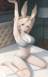 1girl animal_ears armpits barefoot blonde_hair blue_eyes bra breasts cleavage closed_mouth commission desk_lamp final_fantasy final_fantasy_xiv full_body green_eyes grey_bra grey_panties heterochromia highres lamp lampshade lips looking_to_the_side mole mole_under_eye navel okoge_lab on_bed painting_(object) panties rabbit_ears shadow sitting skeb_commission solo sports_bra stomach stretching toes underwear underwear_only viera wariza warrior_of_light_(ff14)