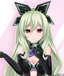 Rule 34 | 10s, 1girl, blush, bow, breasts, finger to mouth, green hair, hakozaki chika, keenh, long hair, looking at viewer, neptune (series), open mouth, red eyes, solo, very long hair
