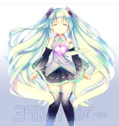 Rule 34 | 10s, 1girl, 39, 2015, character name, dated, detached sleeves, closed eyes, green hair, hatsune miku, heart, heart on chest, highres, kurisu sai, long hair, necktie, skirt, solo, tattoo, thighhighs, twintails, very long hair, vocaloid