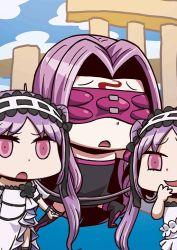 Rule 34 | 3girls, blindfold, chibi, euryale (fate), fate/grand order, fate/hollow ataraxia, fate (series), headband, laughing, long hair, medusa (fate), medusa (rider) (fate), multiple girls, open mouth, purple eyes, purple hair, riyo (lyomsnpmp), siblings, sisters, stheno (fate), twins, twintails