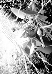 Rule 34 | 1girl, apron, boots, bow, bowtie, braid, closed mouth, commentary, fighting stance, grass, greyscale, hair bow, hat, hat bow, highres, kirisame marisa, long hair, magic circle, mini-hakkero, monochrome, nodoguro (phi-tan), short sleeves, side braid, single braid, solo, touhou, very long hair, witch hat