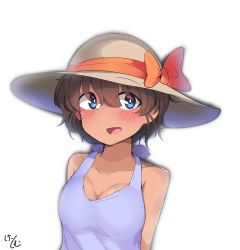 Rule 34 | 1girl, absurdres, arms behind back, artist name, blue dress, blue eyes, blush, bow, brown hair, brown hat, commentary, dark-skinned female, dark skin, dress, girls und panzer, hat, hat bow, highres, kshimu, looking at viewer, one-hour drawing challenge, open mouth, orange bow, short hair, signature, simple background, smile, solo, sun hat, suzuki (girls und panzer), upper body, white background