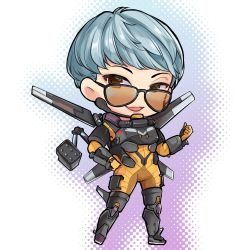Rule 34 | animification, apex legends, boots, brown eyes, chibi, clenched hands, grey hair, hair behind ear, hand on own hip, jetpack, looking to the side, mechanical boots, mechanical wings, missile pod, nagitofuu, open mouth, short hair, smile, sunglasses, thigh boots, thighhighs, valkyrie (apex legends), wings