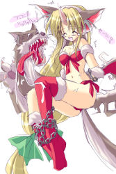 Rule 34 | 1girl, animal ears, bdsm, blonde hair, bondage, bound, chain, fenrir knight, horns, long hair, low-tied long hair, riesz, seiken densetsu, seiken densetsu 3, single horn, solo, thighhighs, wolf, wolf ears