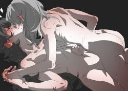 Rule 34 | 2girls, black background, blush, breasts, closed eyes, commentary, completely nude, ear blush, girl on top, greyscale, hand on another&#039;s stomach, highres, holding hands, interlocked fingers, licking, licking another&#039;s face, long hair, lying, molu stranger, monochrome, multiple girls, nipples, nude, on back, reverse:1999, small breasts, sonetto (reverse:1999), spot color, sweat, tongue, vertin (reverse:1999), yuri