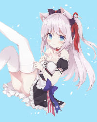Rule 34 | 1girl, american flag, american flag print, animal ears, apron, azur lane, bare shoulders, black bow, black dress, blue background, blue bow, blue eyes, blush, bow, breasts, cat ears, cat hair ornament, choker, cleavage, closed mouth, collarbone, commentary request, dress, flag print, frilled apron, frilled dress, frills, hair bow, hair ornament, hair ribbon, hammann (azur lane), highres, long hair, looking at viewer, medium breasts, one side up, puffy short sleeves, puffy sleeves, red choker, red ribbon, remodel (azur lane), ribbon, rinji, short sleeves, silver hair, solo, thighhighs, very long hair, waist apron, wavy mouth, white apron, white thighhighs, wrist cuffs