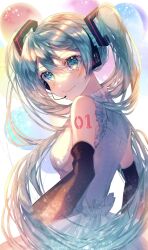 Rule 34 | 1girl, aqua hair, balloon, bare shoulders, black sleeves, blue eyes, breasts, closed mouth, detached sleeves, grey shirt, hair between eyes, hair ornament, happy tears, hatsune miku, headset, highres, lips, long hair, looking at viewer, looking back, looking to the side, medium breasts, number tattoo, pinapo 25, shirt, shoulder tattoo, sleeveless, sleeveless shirt, smile, solo, tattoo, tears, twintails, upper body, very long hair, vocaloid