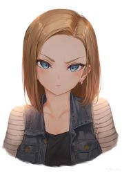 Rule 34 | 1girl, android 18, blonde hair, blue eyes, blush, breast pocket, collarbone, cutoffs, denim, denim vest, dragon ball, dragonball z, earrings, forehead, frown, highres, jewelry, long hair, looking at viewer, open clothes, open vest, pocket, ryota (ry o ta), simple background, single earring, solo, striped, striped sleeves, tsurime, upper body, v-shaped eyebrows, vest, white background