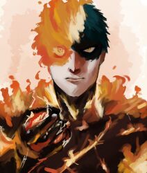 Rule 34 | 1boy, agni (fire punch), agni face (meme), black hair, burn scar, burning, clenched hand, fire punch, flaming eye, goldenpenhd, highres, looking at viewer, male focus, meme, scar, short hair, solo, yellow eyes