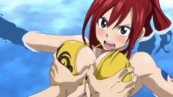 Rule 34 | 1boy, 1girl, animated, animated gif, bikini, grabbing another&#039;s breast, breasts, cleavage, erza scarlet, fairy tail, grabbing, jellal fernandes, large breasts, long hair, red hair, swimsuit