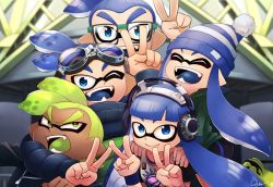 Rule 34 | 2girls, 3boys, :d, ;d, arm around neck, artist name, basketball jersey, bike shorts, black-framed eyewear, black jacket, black shorts, blue eyes, blue hair, blue hat, blunt bangs, blurry, blurry background, bobble-chan (splatoon), bobblehat, choker, closed eyes, colored tongue, commentary request, coula cat, dark-skinned male, dark skin, day, depth of field, double v, fangs, frown, glasses-kun (splatoon), goggle-kun (splatoon), green choker, green eyes, green hair, green tongue, hands on shoulders, hat, headphone-chan (splatoon), headphones, inkling, inkling boy, inkling girl, inkling player character, jacket, leather, leather jacket, leg up, long hair, looking at viewer, multiple boys, multiple girls, nintendo, one eye closed, open mouth, outdoors, pointy ears, print shirt, rider-kun (splatoon), shirt, shoes, short hair, shorts, signature, single vertical stripe, smile, splatoon (manga), splatoon (series), squidbeak splatoon, standing, standing on one leg, tentacle hair, topknot, v, white shirt, wrist cuffs, yellow footwear
