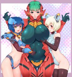 Rule 34 | 3girls, bad id, bad pixiv id, blonde hair, blue eyes, blush, bodysuit, grabbing another&#039;s breast, breasts, covered navel, embarrassed, covered erect nipples, grabbing, green eyes, hands up, headgear, highres, huge breasts, leotard, mecha musume, multiple girls, navel, original, puffy nipples, red eyes, skin tight, smile, vuccha, yellow eyes
