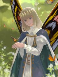 Rule 34 | 1boy, absurdres, bug, butterfly, cape, crown, fate/grand order, fate (series), fishy 721, flower, happy, highres, holding, insect, long hair, looking at viewer, nature, oberon (fate), smile, solo, wings