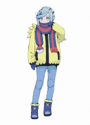 Rule 34 | 1boy, absurdres, arm at side, blue footwear, blue mittens, blue pants, blue scarf, blush, boots, commentary request, creatures (company), full body, game freak, grusha (pokemon), hand up, highres, jacket, koto-sensei, long sleeves, looking at viewer, male focus, mittens, nintendo, pants, poke ball print, pokemon, pokemon sv, scarf, simple background, standing, striped clothes, striped scarf, white background, yellow jacket