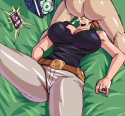 Rule 34 | 1boy, 1girl, ass, asta (hunter x hunter), belt, breasts, brown belt, brown hair, card, card (medium), cleavage, clothed female nude male, clothed sex, clothes, cum, cum in mouth, deepthroat, denim, ejaculation, fellatio, highres, huge breasts, hunter x hunter, irrumatio, jeans, jewelry, lying, nonochton, nude, oral, orange hair, pants, penis, ring, sex, testicles