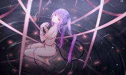 Rule 34 | 1girl, absurdres, braid, crying, demon girl, demon tail, green eyes, highres, hololive, kneeling on liquid, long hair, looking at viewer, naked ribbon, parted lips, petals, pink ribbon, purple hair, ribbon, rieatco, solo, tail, tears, tokoyami towa, twintails, virtual youtuber