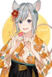 Rule 34 | 1girl, 2020, absurdres, animal ears, blue eyes, brown nails, chinese zodiac, floral print, flower, green flower, grey hair, hair flower, hair ornament, heart, highres, japanese clothes, medium hair, mouse ears, mouse tail, open mouth, original, red flower, sako (35s 00), smile, tail, teeth, upper teeth only, year of the rat