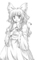 Rule 34 | 1girl, ascot, bare shoulders, blush, bow, collarbone, detached sleeves, female focus, greyscale, hair bow, hair tubes, hakurei reimu, looking at viewer, lzh, monochrome, open mouth, ribbon-trimmed sleeves, ribbon trim, sidelocks, simple background, skirt, solo, touhou, vest, white background, yin yang