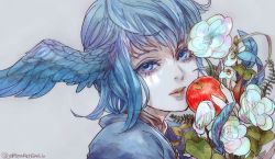 Rule 34 | 1girl, apple, bird wings, blue hair, colored eyelashes, expressionless, feathered wings, feathers, final fantasy, final fantasy xiv, flower, food, from side, fruit, grey background, head wings, holding, holding food, holding fruit, looking at viewer, meteion, oyatsuredgray, parted lips, portrait, realistic, short hair, signature, simple background, solo, twitter username, wings