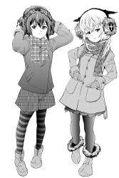 Rule 34 | 10s, 2girls, aged down, ankle boots, boots, coat, full body, girls und panzer, greyscale, halftone, hands in pockets, hands on own head, headphones, highres, itsumi erika, jacket, light smile, long hair, long sleeves, looking at viewer, mittens, monochrome, multiple girls, nishizumi maho, pantyhose, parted lips, pleated skirt, scarf, short hair, shorts, skirt, standing, striped clothes, striped legwear, striped pantyhose, winter clothes, yoyokkun