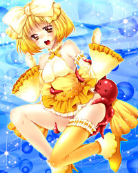 Rule 34 | &gt; &lt;, 1girl, araiguma, bad id, bad pixiv id, bare shoulders, blonde hair, blush, bow, breasts, detached sleeves, dress, closed eyes, hair bow, medium breasts, mouth hold, octopus, open mouth, original, short hair, single thighhigh, solo, sparkle, thighhighs, yellow eyes, yellow thighhighs