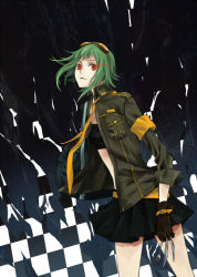 Rule 34 | 1girl, bad id, bad pixiv id, fork, gloves, green hair, gumi, jacket, knife, mouseqi, necktie, red eyes, short hair, skirt, solo, vocaloid