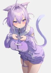 Rule 34 | 1girl, ahoge, animal ear fluff, animal ears, blush, breasts, cat ears, cat girl, cat tail, closed mouth, commentary, cowboy shot, frown, grey background, hands up, heart o-ring, highres, holding, hololive, large breasts, leaning forward, long sleeves, looking at viewer, medium hair, nekomata okayu, nekomata okayu (membership), purple eyes, purple nails, purple shirt, purple shorts, reulem, shirt, shorts, simple background, solo, tail, two side up, virtual youtuber
