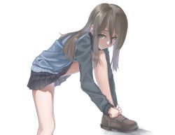 Rule 34 | 10s, 1girl, absurdres, ankle boots, bad id, bad twitter id, blue footwear, blue jacket, blue skirt, boots, brown eyes, brown hair, closed mouth, commentary request, emblem, girls und panzer, grey socks, hair between eyes, highres, jacket, keizoku military uniform, leaning forward, leg up, long hair, long sleeves, looking at viewer, mika (girls und panzer), military, military uniform, miniskirt, no headwear, no headwear, pleated skirt, raglan sleeves, roivas, shoes, skirt, smile, socks, solo, standing, track jacket, tying shoes, uniform, white background